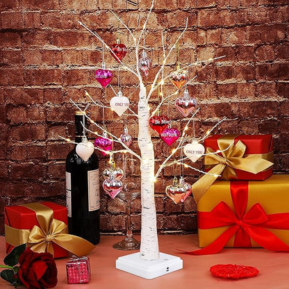 Fovths Valentine's Day Tree Decoration with LED Lights 21.7 Inch Tabletop Birch Tree with Timer Battery USB Powered with Valentine's Day Heart Ornaments for Home Valentine Wedding Decor