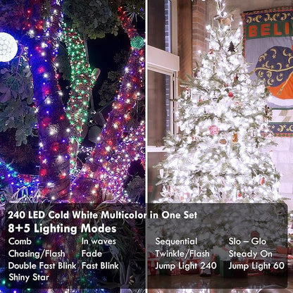 88FT 240LED Connectable String Lights Indoor Outdoor Clear Wire, Cold White⇋Multicolor Christmas String Lights, Plug in Twinkle Fairy Light With Timer For Wedding Patio Tree Yard Christmas Decorations