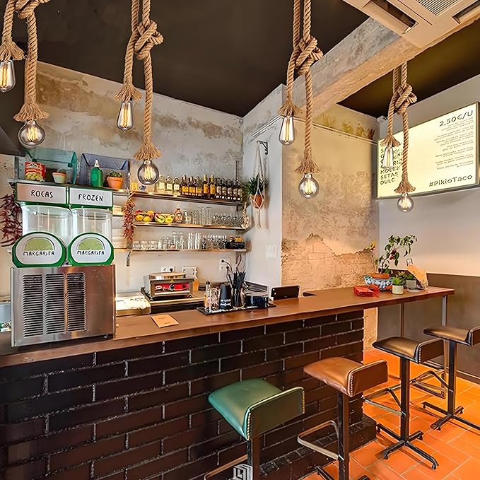 2 Head 2.5 Meter Hemp Rope Vintage Ceiling Pendant Light Lamp Fixture E26/E31 Base,Retro Style for Dining Hall Restaurant Bar Lighting(Bulb not Included)