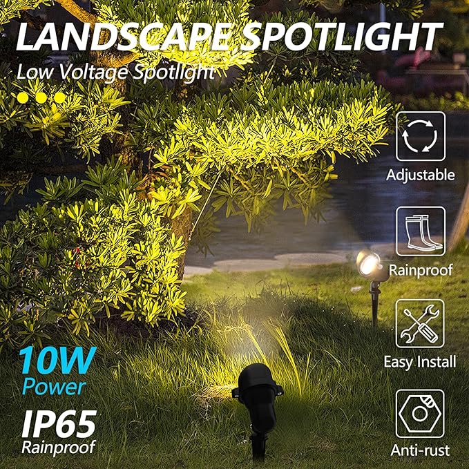 LED Landscape spotlights Yard: 10W MR16 Low Voltage Landscape Lights 12-24V 3000K Warm White - Outdoor Garden Driveway wall Lighting for Contractors - 12 Pack