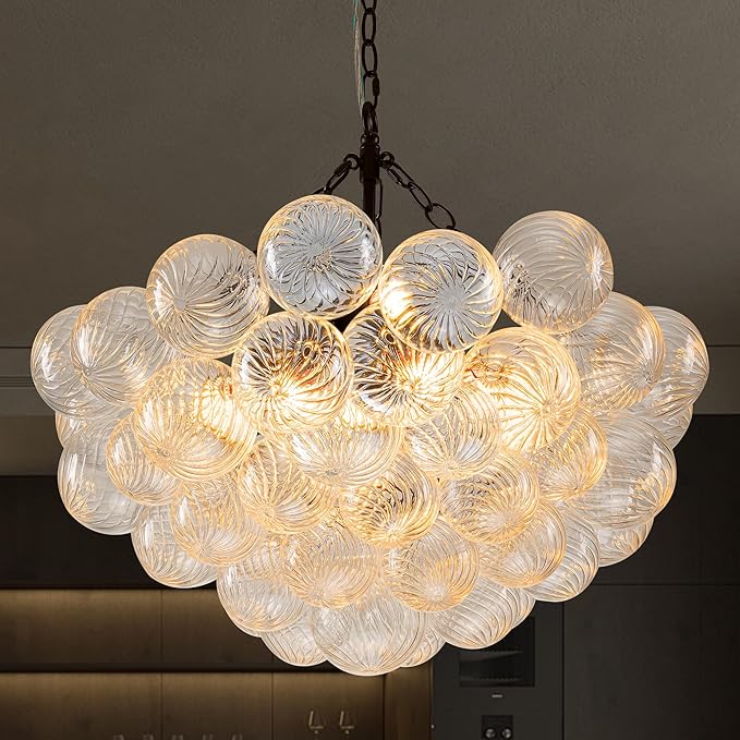 Hand Blown Glass Bubble Ball Chandelier Black Finish 24" Pendant Light Fixture Art Deco Cluster Swirled Ribbed Glass Globe Lighting for Bedroom Dining Restaurant Bedroom Bathroom Entry