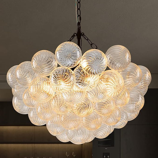 Hand Blown Glass Bubble Ball Chandelier Black Finish 24" Pendant Light Fixture Art Deco Cluster Swirled Ribbed Glass Globe Lighting for Bedroom Dining Restaurant Bedroom Bathroom Entry