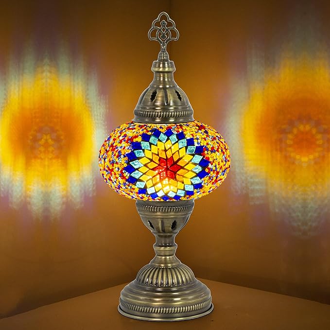 Turkish Mosaic Lamp with Bulb – Handmade Star Fire Stained Glass Table Light, Antique Bohemian Vintage Decor for Bedroom or Living Room, E12 Socket
