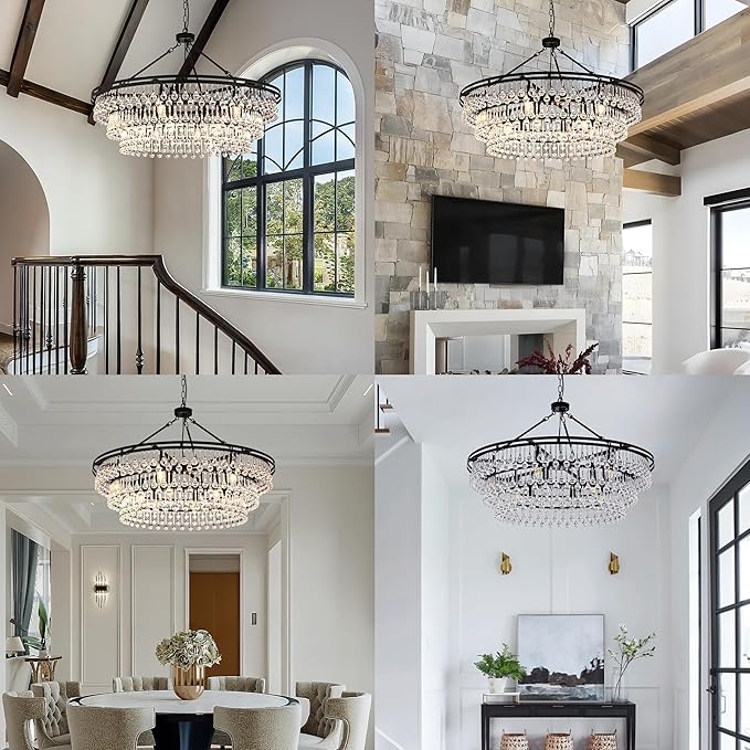 Wellmet Large Black Farmhouse Chandelier, 38in Round Modern Crystal Teardrop Chandelier for Dining Room, Bedroom, Kitchen, Hallway, Closet, Living Room