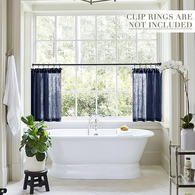 XTMYI Blue Cafe Curtains for Kitchen Window 36 Inch Length Faux Linen Look Short Small Semi Sheer Curtains for Bathroom Bedroom Navy Blue