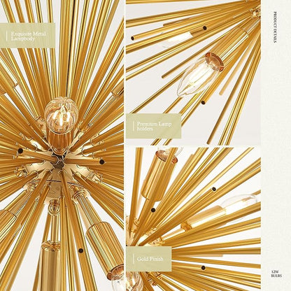 24" Gold Sputnik Chandelier 9-Light, Mid Century Modern Starburst Ceiling Light with Adjustable Chain, Industrial Globe Pendant Light Fixture for Dining Room Kitchen Island Living Room Foyer Entryway
