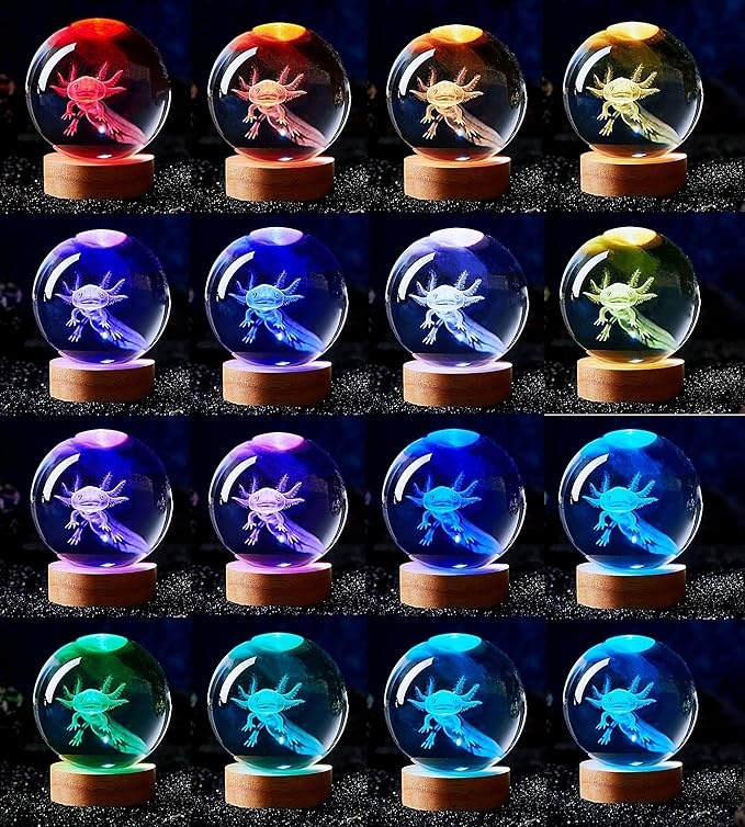 3.15 inch Axolotl Crystal Ball Lamp,3D K9 Crystal Ball Night Light with Wooden Base,16 Colors Change with Remote Control,Clear Glass Light,Birthday Gift for Friends (Axolotl)
