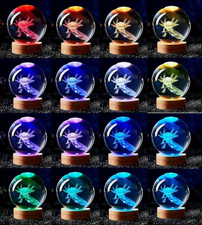 3.15 inch Axolotl Crystal Ball Lamp,3D K9 Crystal Ball Night Light with Wooden Base,16 Colors Change with Remote Control,Clear Glass Light,Birthday Gift for Friends (Axolotl)