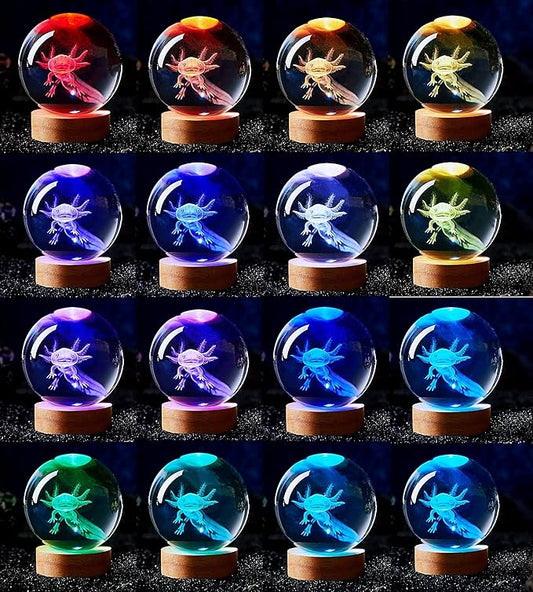 3.15 inch Axolotl Crystal Ball Lamp,3D K9 Crystal Ball Night Light with Wooden Base,16 Colors Change with Remote Control,Clear Glass Light,Birthday Gift for Friends (Axolotl)