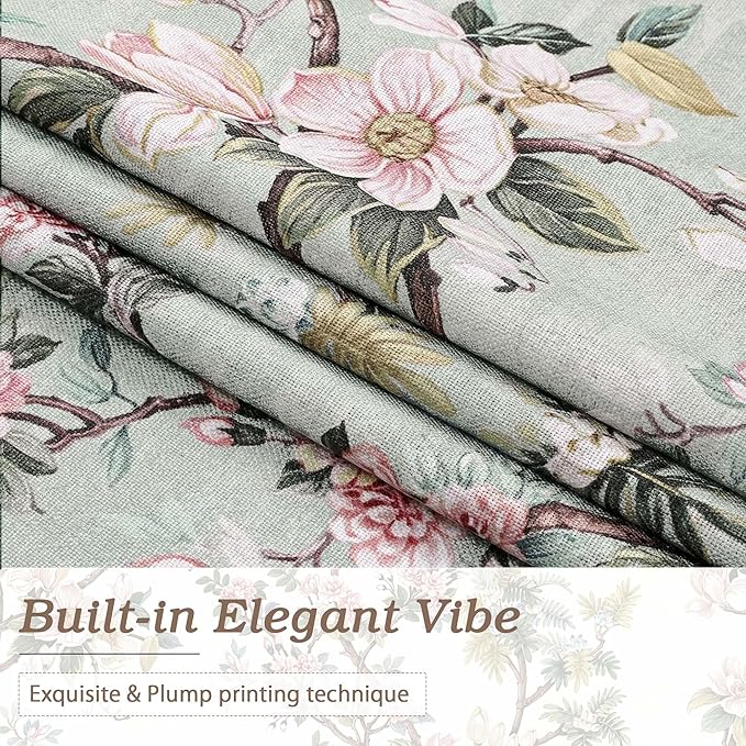 Simplebrand Light Green Floral Linen Textured Tier Kitchen Curtains 24 Inch 2 Panels, Light Filtering Privacy Cafe Small Window Curtains for Bathroom RV Camper, Soft Rod Pocket Panels, 30" W x 24" L