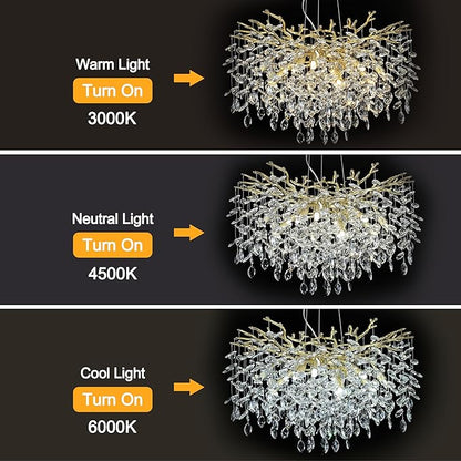Modern Crystal Tree Branches Chandelier, 18in Gold 6 Lights Large Ceiling Hanging Light for Dining Room, Round Raindrop Pendant Light Fixture