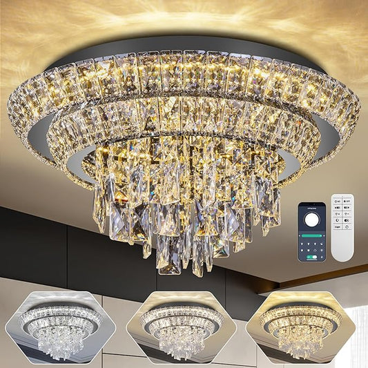 18 inch Crystal Flush Mount Black Chandelier, Modern Raindrop LED Ceiling Light, 3CCT Dimmable & Brightness Adjustable,Remote/APP ,Elegant Chandeliers for Bedroom Hallway Dinning Room Living Room