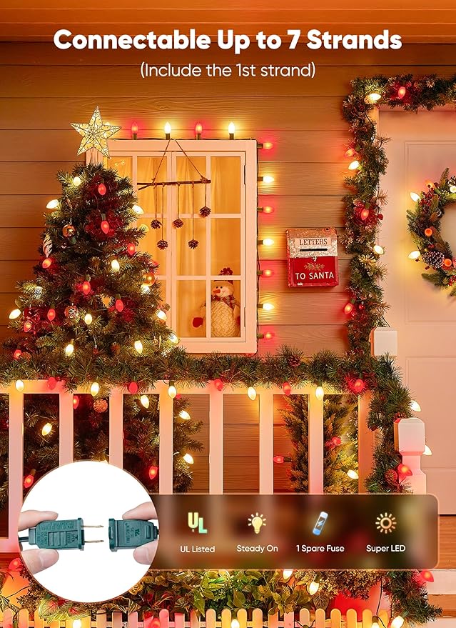 C9 LED Christmas Lights Outdoor, 100 Feet C9 String Lights with 100 Shatterproof Matte Bulbs, Connectable Waterproof Christmas Tree Lights for Holiday Roofline Backyard Garden Decor, Red & Warm White