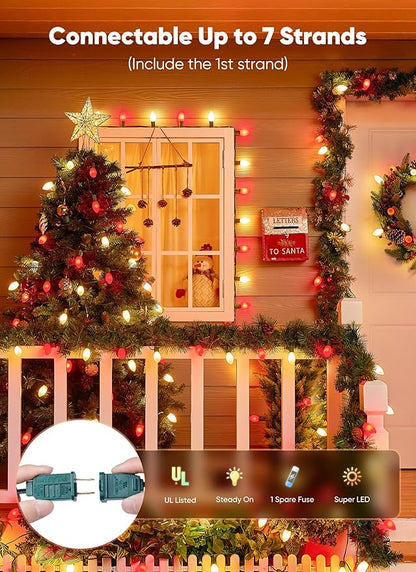 C9 LED Christmas Lights Outdoor, 100 Feet C9 String Lights with 100 Shatterproof Matte Bulbs, Connectable Waterproof Christmas Tree Lights for Holiday Roofline Backyard Garden Decor, Red & Warm White