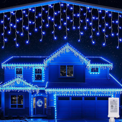 Joomer Christmas Icicle Lights - 33FT Plug in String Lights Waterproof, 8 Modes Timer Connectable Outdoor String Light for Christmas Party, Eaves, Roofs, Xmas Decorations (Blue)