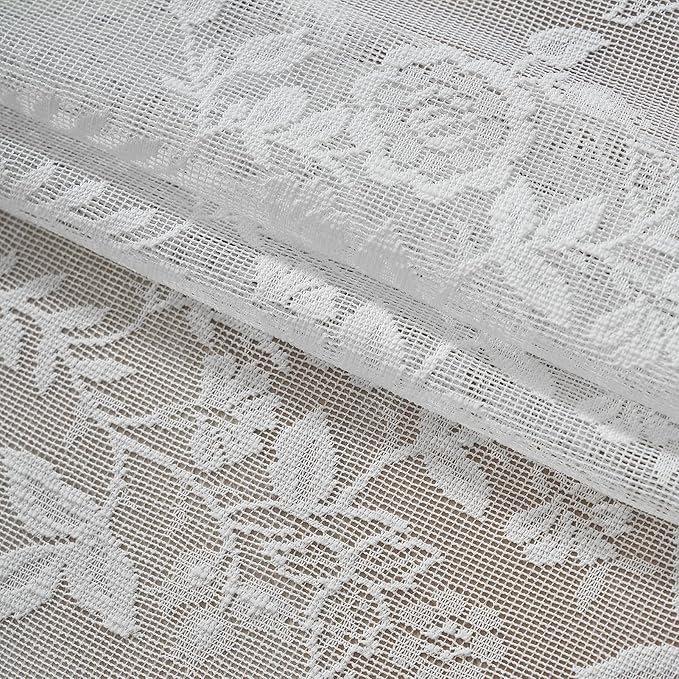 FINECITY White Lace Curtains 63 Inch Length for Bedroom, Rustic Leaf Floral Design Lace Curtain Panels, Rod Pocket Farmhouse Privacy Sheer Lace Curtains, 42 x 63 Inch, 2 Panels, White