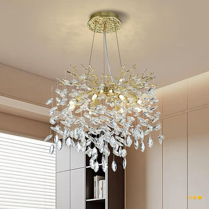 Modern Crystal Tree Branches Chandelier, 18in Gold 6 Lights Large Ceiling Hanging Light for Dining Room, Round Raindrop Pendant Light Fixture
