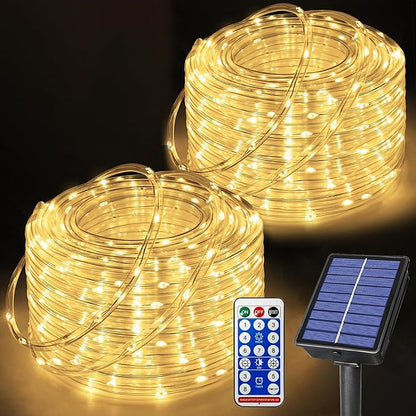Ollny Solar Rope Lights Outdoor, 2 Pack Total 66FT 200 LED Warm White String Lights with Remote, 8 Modes Waterproof Timer Tube Light for Tree Holiday Party Wedding Decor
