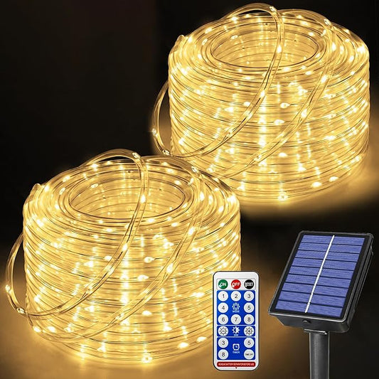 Ollny Solar Rope Lights Outdoor, 2 Pack Total 66FT 200 LED Warm White String Lights with Remote, 8 Modes Waterproof Timer Tube Light for Tree Holiday Party Wedding Decor