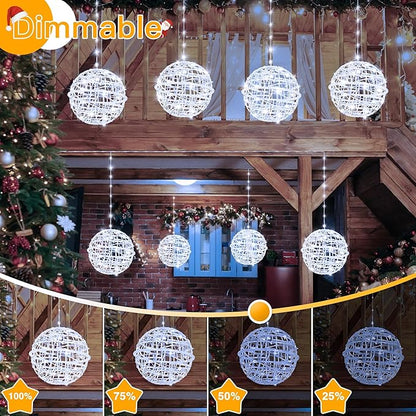 Ollny Christmas Lights Outdoor 4Pack 7.87inch, Cool White 200 LED Ball Light with Plug in Remote, 8 Modes IP67 Waterproof Connectable Sphere Tree Lights for Indoor House Yard Garage Decorations