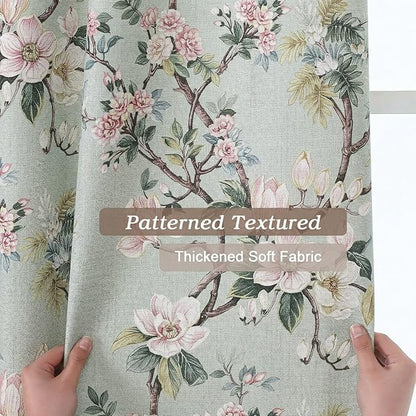 Simplebrand Light Green Floral Linen Textured Tier Kitchen Curtains 24 Inch 2 Panels, Light Filtering Privacy Cafe Small Window Curtains for Bathroom RV Camper, Soft Rod Pocket Panels, 30" W x 24" L