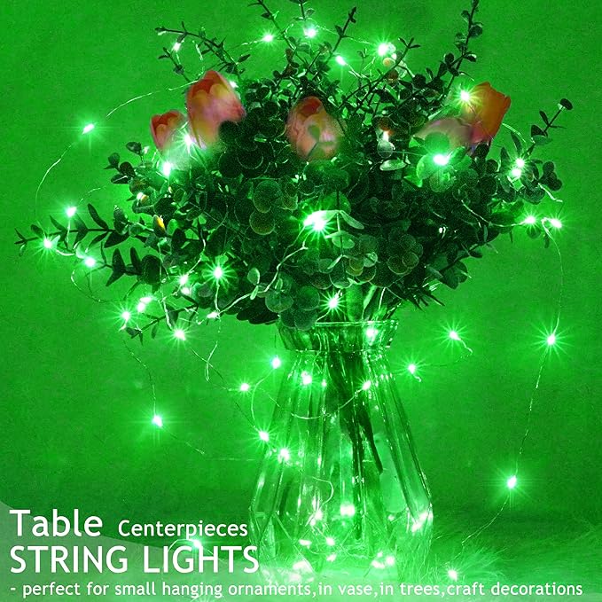 SmilingTown 15 Packs 20 Led Green Fairy Lights Battery Operated St Patricks Day Lights 6.6ft Silver String Lights Waterproof Firefly Starry Light for DIY Table Centerpieces Halloween Christmas Party