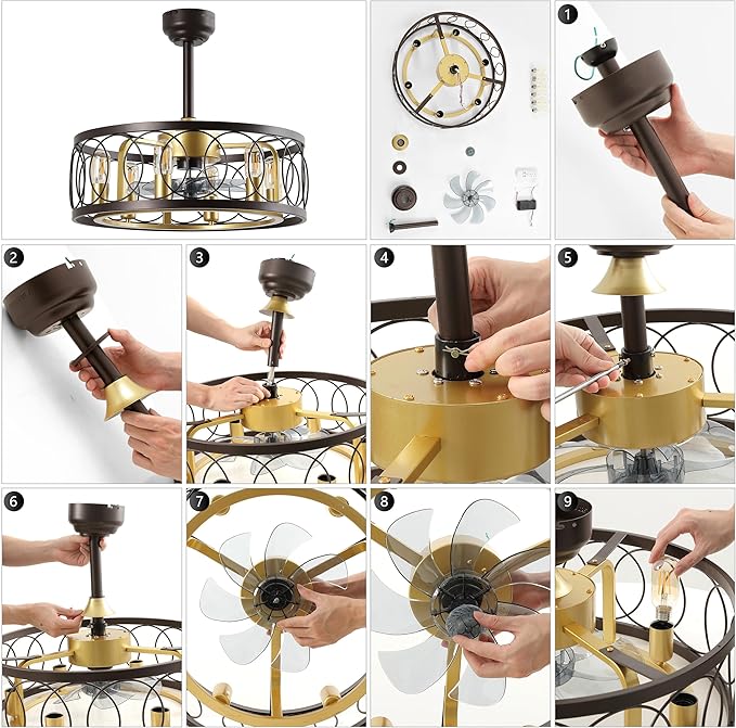 JONATHAN Y 21.6" Oil Rubbed Bronze 6-Light Caged Ceiling Fan with Lights, 6-Speed Industrial Farmhouse Flush Mount Fan with Remote and App Control, Metal Cage Shade, 6 LED Bulbs JYL9732A