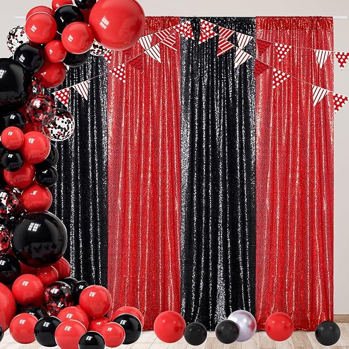 Poise3EHome Red Sequin Backdrop Curtain, 2 Panels 2Ft x 8Ft Glitter Photography Back Drop for Wedding Birthday Christmas Valentines Day Carnival Party Decorations