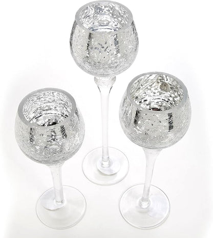 Hosley Set of 3 Crackle Metallic Glass Tealight Holders 12 Inch, 10 Inch, 9 Inch Elegant Home Decor for Ambient Lighting and Stylish Centerpieces and Gift