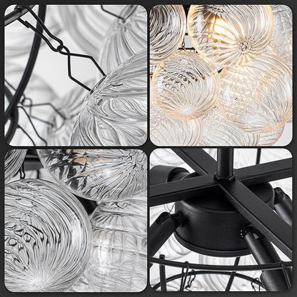 Hand Blown Glass Bubble Ball Chandelier Black Finish 20" Semi Flush Mount Ceiling Light Fixture Art Deco Cluster Ribbed Glass Globe Chandeliers Lighting for Dining Room Entry Living Bedroom