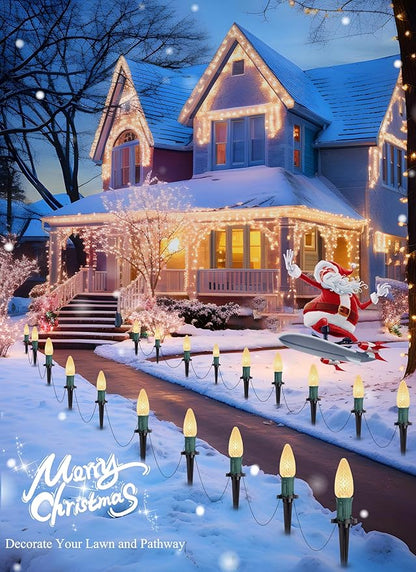 C9 Christmas Pathway Lights Outdoor, 25.7 Feet 20 LED C9 Strawberry Walkway Lights with Marker Stakes, Connectable Shatterproof C9 String Lights for Lane Outside Yard Decorations, Warm White, 4 Pack