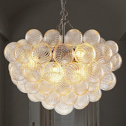 Hand Blown Glass Bubble Ball Chandelier Nickel-Plated 24" Pendant Lights Art Deco Cluster Ribbed Glass Swirled Globe Lighting for Dining Room Table Bar Bedroom Bathroom Entryway