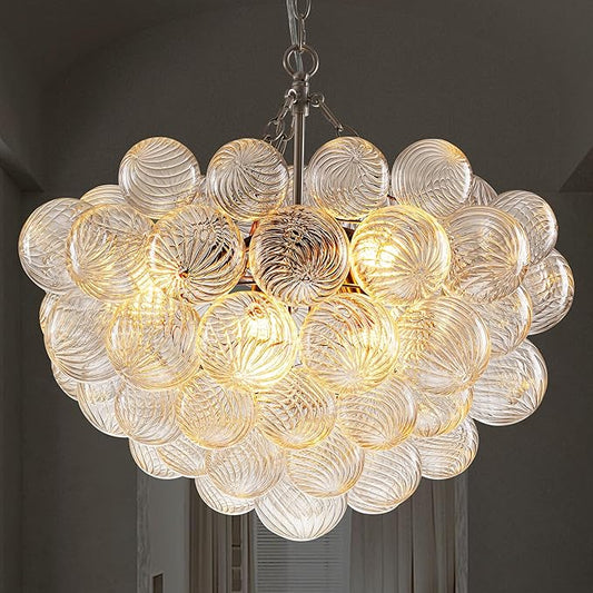 Hand Blown Glass Bubble Ball Chandelier Nickel-Plated 24" Pendant Lights Art Deco Cluster Ribbed Glass Swirled Globe Lighting for Dining Room Table Bar Bedroom Bathroom Entryway