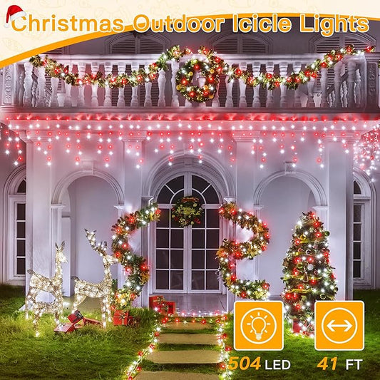 Ollny Icicle Lights for Outside 504LED 41FT, Red and White Christmas Light with Remote 8Modes Timers Waterproof, Plug in Connectable Hanging Lights for Outdoor Indoor House Roof Holiday