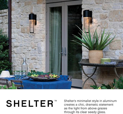 Hinkley Shelter Small Outdoor Wall Mount Lantern, Minimalist Style, Dark Sky-Compliant, Solid Aluminum/Clear Seedy Glass, Black
