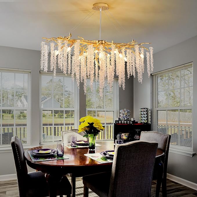 Modern Crystal Tree Branch Chandelier, Gold Linear Art Deco Raindrop Indoor Hanging Pendant Light Fixture for Dining Room Kitchen Island Living Room Bedroom 13 Lights L40''