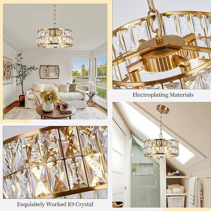 Modern 4-Light Gold Crystal Chandelier Ceiling Light, 12-Inch Small Round Semi Flush Mount Chandelier-Style Ceiling Light for Kitchen Island & Entryway