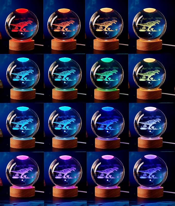 Dinosaur Crystal Ball Lamp, 3D K9 T-Rex, 3.15in USB Powered, 16 Colors Change, Remote Control, Night Light with Wooden Base, Gift Box
