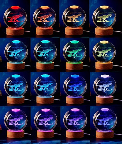 Dinosaur Crystal Ball Lamp, 3D K9 T-Rex, 3.15in USB Powered, 16 Colors Change, Remote Control, Night Light with Wooden Base, Gift Box
