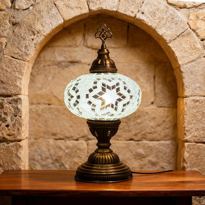 Turkish Lamp, Mosaic Table Lamp, Antique Moroccan Decorative Glass Bohemian Vintage Lamp Shade, Small Desk Tiffany Bedside Stained Glass Lamp with US Plug and E12 Socket