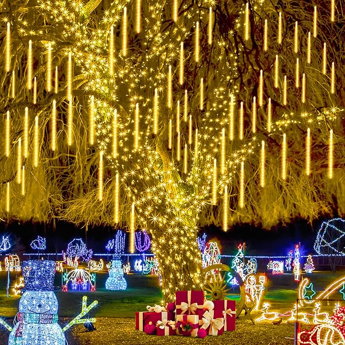 JMEXSUSS Solar Meteor Shower Lights Outdoor, 8 Tube 144 LEDs Warm White Solar Christmas Lights for Tree Eave Xmas Holiday Party Patio House Wedding Decor