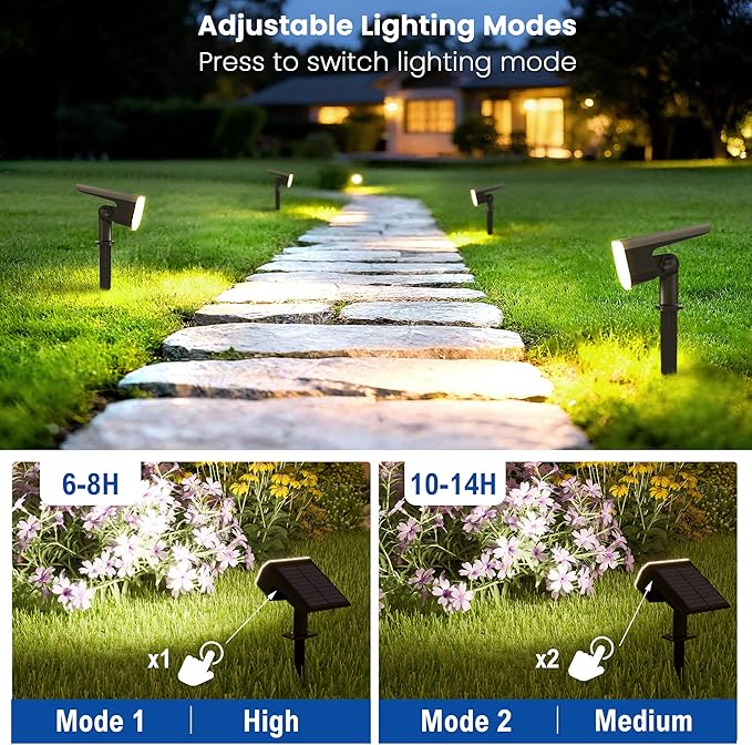 Solar Lights Outdoor Waterproof IP65, Super Bright LED with Lens, 6500K 2 Lighting Modes, Solar Powered Yard Garden Solar Spot Lights for Outside Landscape Auto On/Off - 2 Pack