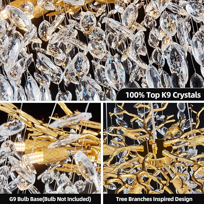 Modern Tree Branch Crystal Chandelier 30" Gold Luxury Large Pendant Lighting 10-Light Contemporary K9 Crystal Chandeliers for Dining Room Kitchen Living Room Foyer Entryway (Gold, D30-Round)