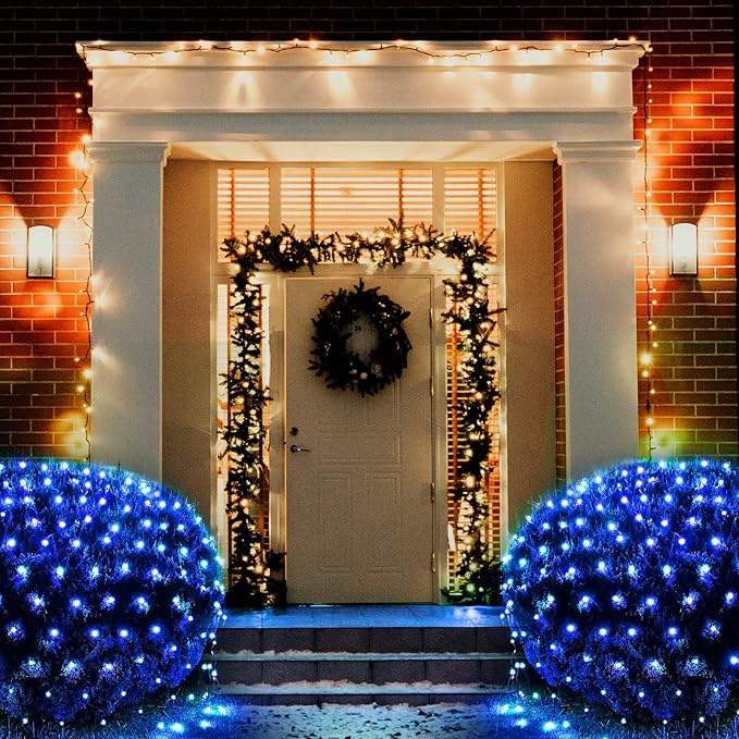 Blue Net Lights, 360 LED Christmas Net Lights Outdoor, 21ft x 5ft Large Net Mesh String Lights, 8 Modes Twinkle String Lights Connectable Plug in for Bushes Christmas Hedge Yard Garden Party Decor