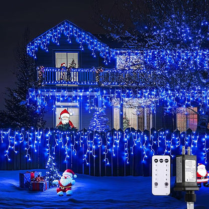 JMEXSUSS 400 LED Blue Icicle Lights for Outdise, 38.8 FT Christmas Icicle Lights Indoor Outdoor with 80 Drops, Blue Christmas Light with Remote Plug in for House Fireplace Christmas Decorations