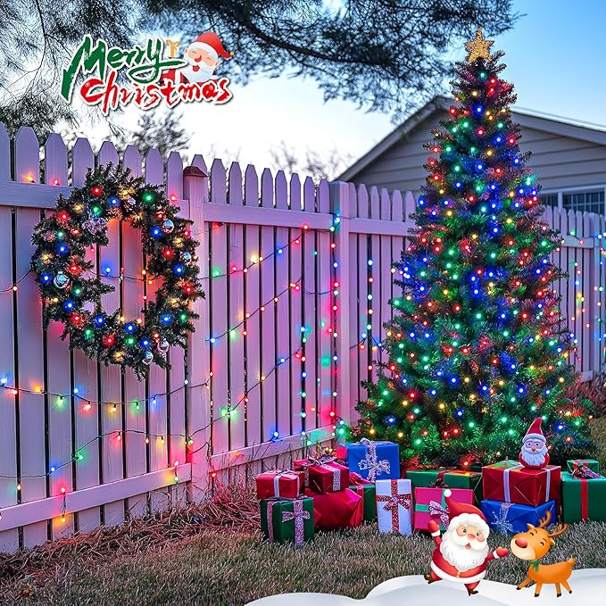 JMEXSUSS 2 Pack Solar String Light 100LED 32.8ft 8 Modes Solar Christmas Lights Waterproof for Gardens, Wedding, Party, Homes, Christmas Tree, Curtains, Outdoors (Multicolor)