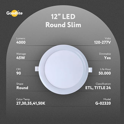 Goodlite 12-inch LED Ultra Round Slim - Recessed Wafer Downlight, High-Output 45W & 4,000 Lumens, 5 Color Selectable 27K-30K-35K-41K-50K, 120-277V, CRI 90+, ETL, Dimmable Triac & 0-10V, 1ct (G-02320)