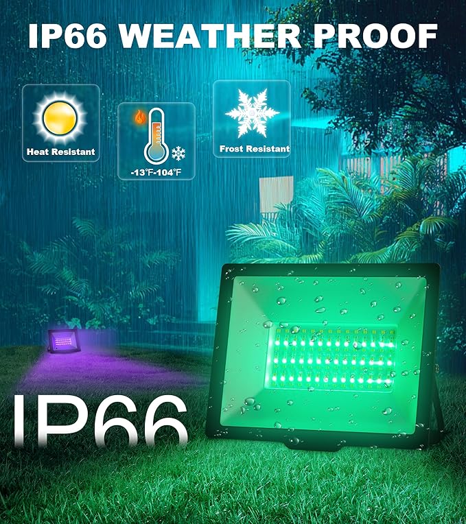 100W LED Flood Light with Remote & 6.6Ft Cable, Christmas Floodlight RGB IP66 Waterproof Color Changing, 5000K White Daylight, Timing Waterproof Landscape Light, Outdoor Uplight for Event, 4 Pack