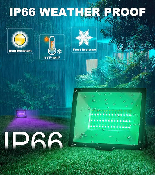 100W LED Flood Light with Remote & 6.6Ft Cable, Christmas Floodlight RGB IP66 Waterproof Color Changing, 5000K White Daylight, Timing Waterproof Landscape Light, Outdoor Uplight for Event, 4 Pack