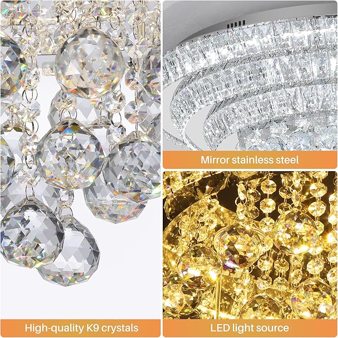 Miuyhji Elegant LED Crystal Raindrop Ceiling Light, 30" Flush Mount Chandelier Light Fixture with Remote Control for Living Room Kitchen Island Bedroom Hallway Entryway Foyer(Dimmable)